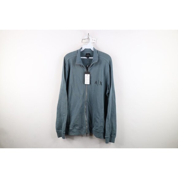 New Armani Exchange Mens Large Spell Out Full Zip Terry Cloth Sweatshirt Teal - Picture 1 of 16